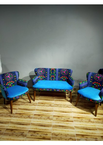 - Roma Çay Seti Koltuk Takımı - Etnik Desenli Kumaş - Ahşap Ayak - Mavi Turkuaz fırsatları