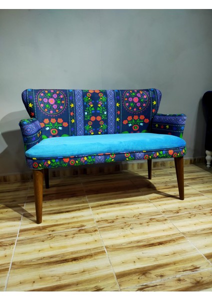 - Roma Çay Seti Koltuk Takımı - Etnik Desenli Kumaş - Ahşap Ayak - Mavi Turkuaz