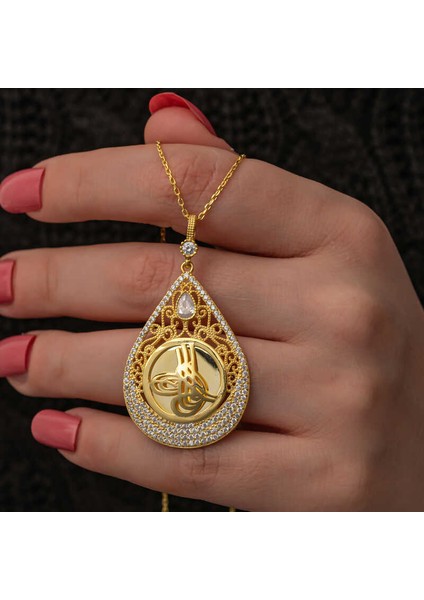 Gümüş Gold Kaplama Damla Tuğralı Kadın Kolye (BC-51CADA)