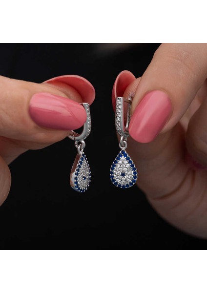 Gümüş Sallantılı Damla Nazar Kadın Küpe (BC-506AC5)