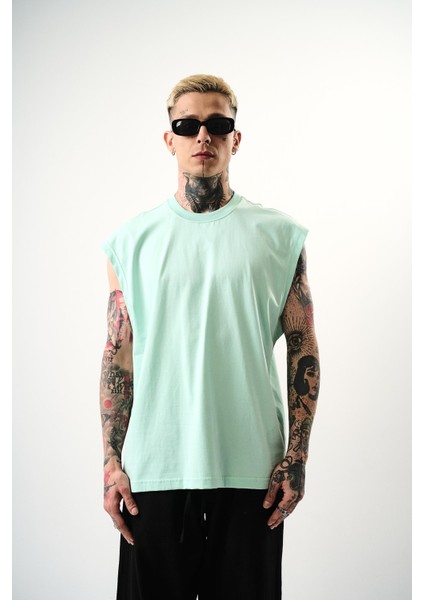 Erkek Basic Sıfır Kol Oversize T-Shirt Su Yeşili