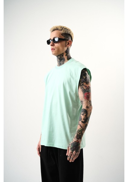 Erkek Basic Sıfır Kol Oversize T-Shirt Su Yeşili fiyatları