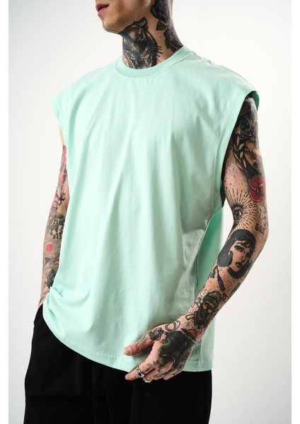 Erkek Basic Sıfır Kol Oversize T-Shirt Su Yeşili fırsatları