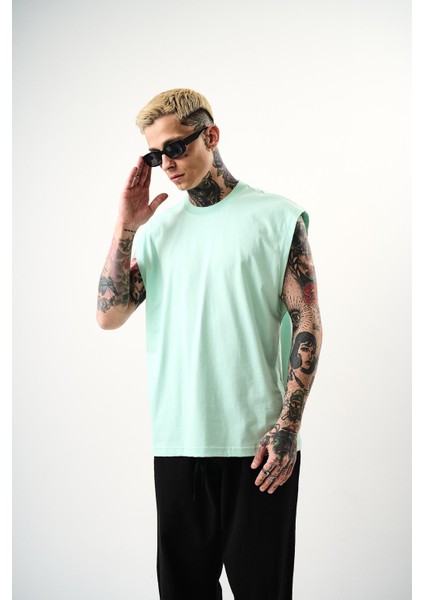 Erkek Basic Sıfır Kol Oversize T-Shirt Su Yeşili indirimleri