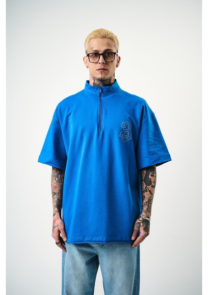 Erkek 3 Nakışlı Yarım Fermuarlı Oversize T-Shirt Mavi fiyatları