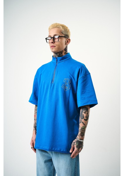 Erkek 3 Nakışlı Yarım Fermuarlı Oversize T-Shirt Mavi modelleri