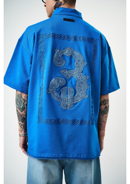 Erkek 3 Nakışlı Yarım Fermuarlı Oversize T-Shirt Mavi fırsatları
