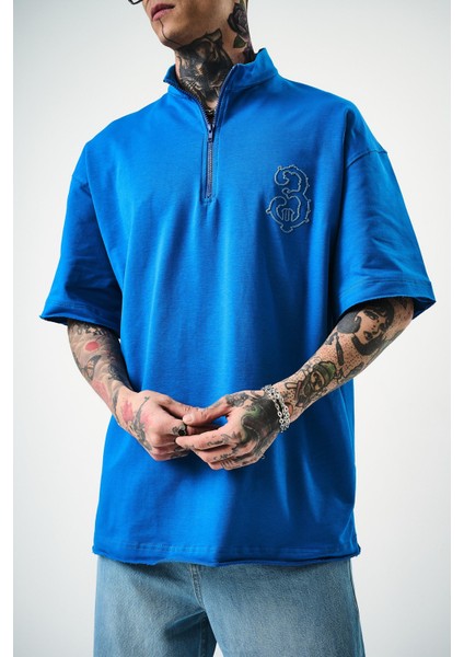 Erkek 3 Nakışlı Yarım Fermuarlı Oversize T-Shirt Mavi indirimleri