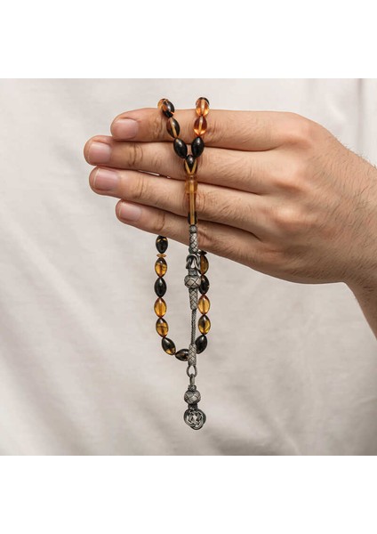 Gümüş Kazaz Püsküllü Sıkma Kehribar Tesbih (BC-E401FC)