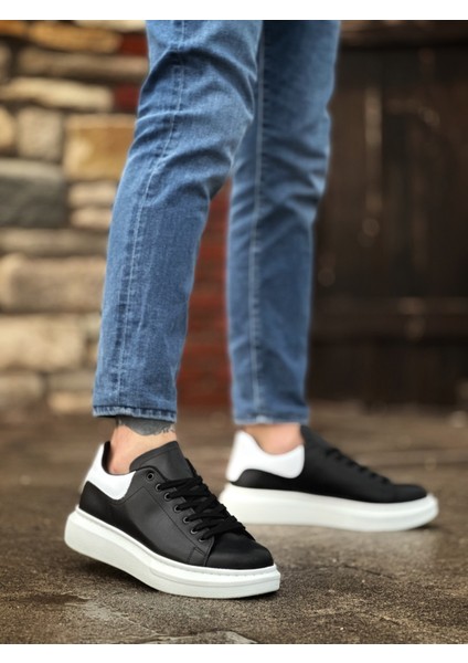 ET0547 Kalın Yüksek Taban Siyah Beyaz Parça Detay Bağcıklı Spor Erkek Ayakkabı modelleri