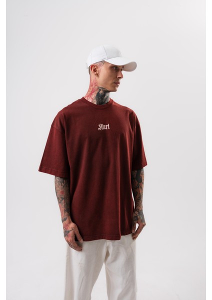 Erkek Alert Baskılı Yıkamalı Oversize T-Shirt Bordo modelleri