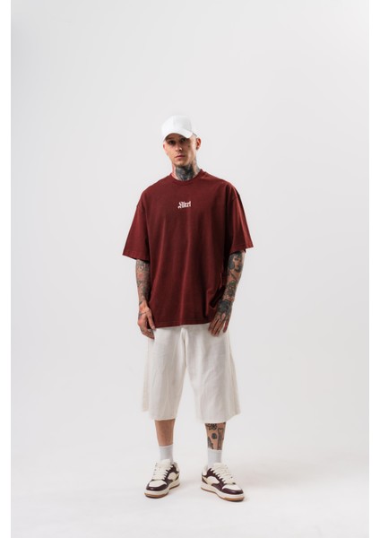 Erkek Alert Baskılı Yıkamalı Oversize T-Shirt Bordo fırsatları