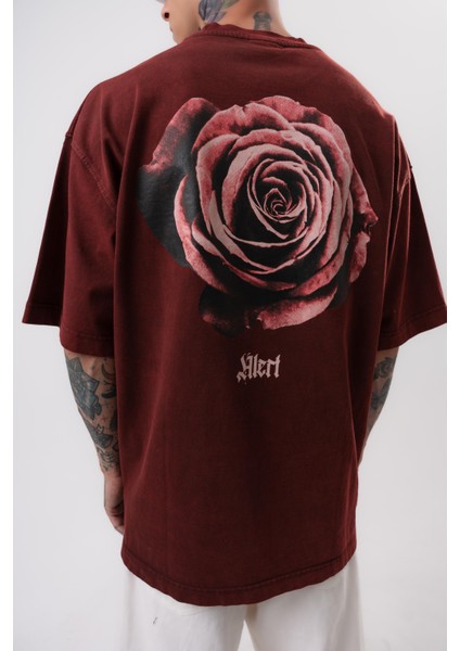Erkek Alert Baskılı Yıkamalı Oversize T-Shirt Bordo indirimleri
