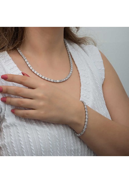 Gümüş Beyaz Taşlı Su Yolu Kadın Set (BC-68A809)