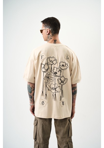 Erkek Flow Nakışlı Oversize T-Shirt Bej