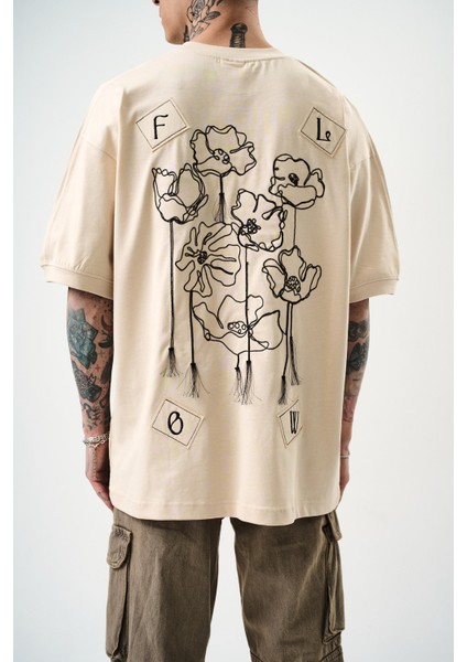 Erkek Flow Nakışlı Oversize T-Shirt Bej fırsatları