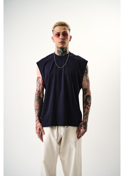 Erkek Basic Sıfır Kol Oversize T-Shirt Indigo
