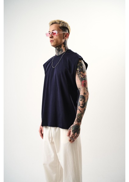 Erkek Basic Sıfır Kol Oversize T-Shirt Indigo fiyatları