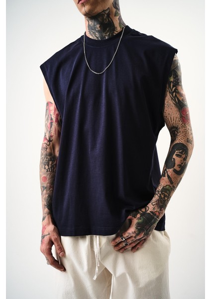 Erkek Basic Sıfır Kol Oversize T-Shirt Indigo fırsatları