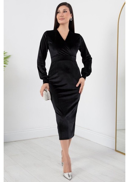 Kadın Kadife Kumaş Manşetli V Yaka Şık Kalem Elbise fiyatları