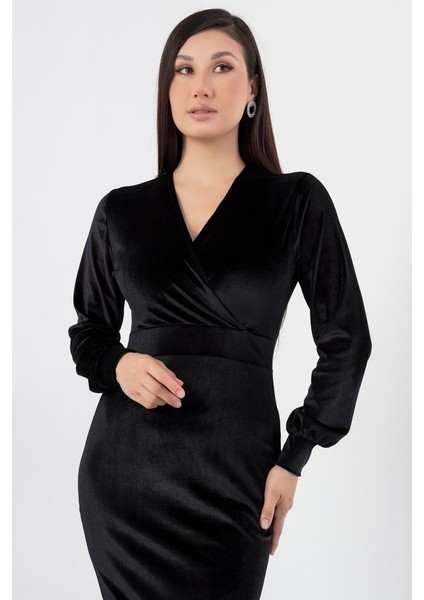 Kadın Kadife Kumaş Manşetli V Yaka Şık Kalem Elbise modelleri