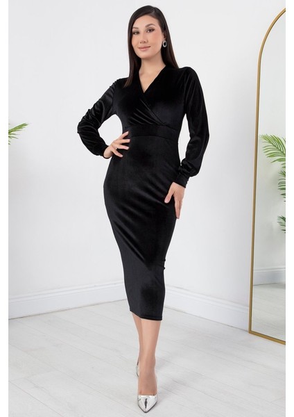 Kadın Kadife Kumaş Manşetli V Yaka Şık Kalem Elbise fırsatları