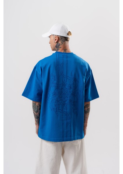 Erkek Focus Nakış Detaylı Oversize T-Shirt Saks