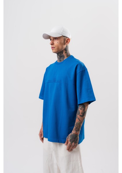 Erkek Focus Nakış Detaylı Oversize T-Shirt Saks modelleri