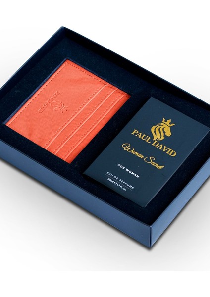 Hediyelik Set Özel Kadın Edp Parfüm ve Turuncu Deri Kartlık- Vanilya, Kahve, Armut Notalari, K-307*5