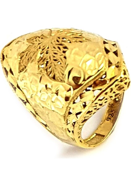 Çınar yaprağı işlemeli gümüş üzerine altın kaplama italyan tasarımı lüks yüzük modelleri