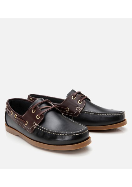 02ayh303300a104 Erkek Deri Siyah Bağcık Detaylı Günlük Loafer