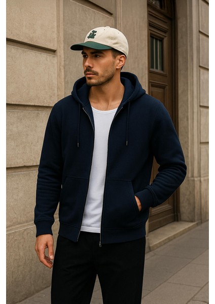 Erkek Fermuarlı Kapüşonlu Cepli Içi Polarlı Sweatshirt