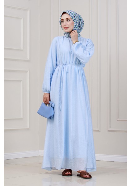 Beli Bağcıklı Pera Elbise-Mavi