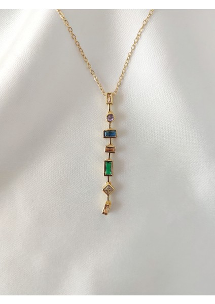 Kadın Çelik Renkli Zirkon Taşlı Geometrik Model Y Kolye