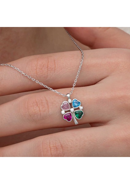 Gümüş Renkli Taşlı Kalp Figürlü Yonca Kolye (BC-D516E3) fiyatları