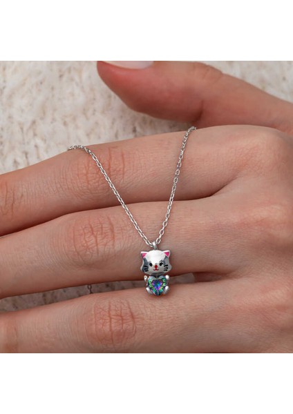 Gümüş Mistik Topaz Taşlı Sevimli Kedi Kolye (BC-27E127) fiyatları