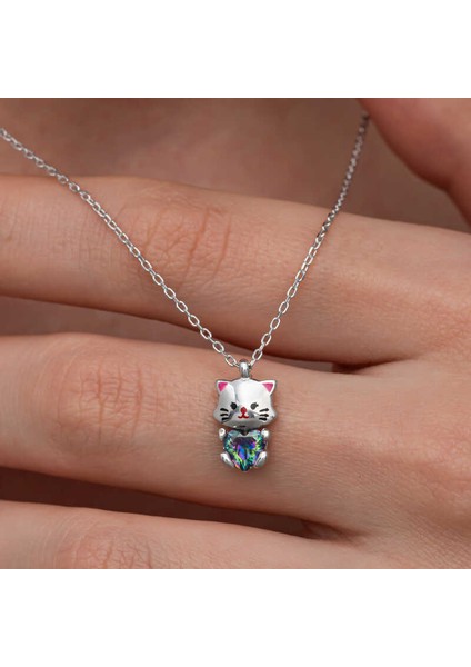 Gümüş Mistik Topaz Taşlı Sevimli Kedi Kolye (BC-27E127) modelleri