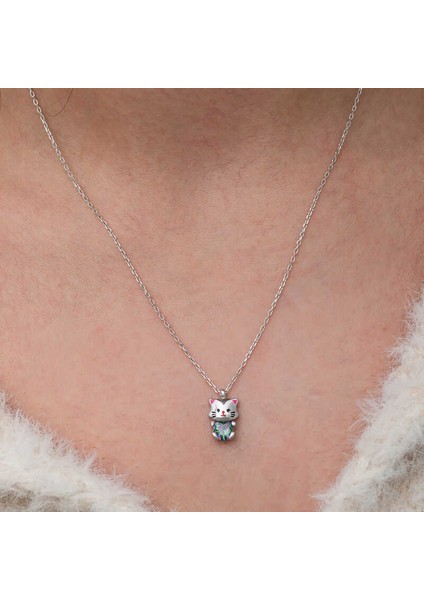 Gümüş Mistik Topaz Taşlı Sevimli Kedi Kolye (BC-27E127) indirimleri