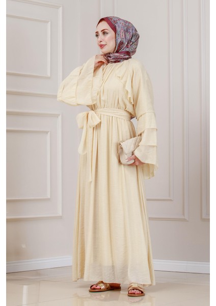 Fırfır Detaylı Lora Elbise-Krem