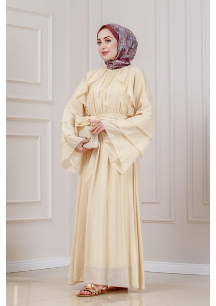 Fırfır Detaylı Lora Elbise-Krem modelleri