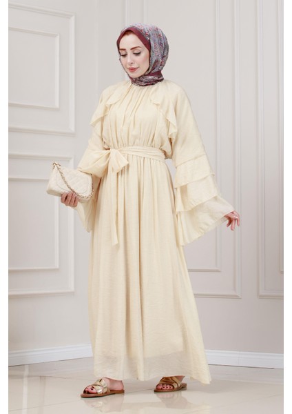 Fırfır Detaylı Lora Elbise-Krem fırsatları
