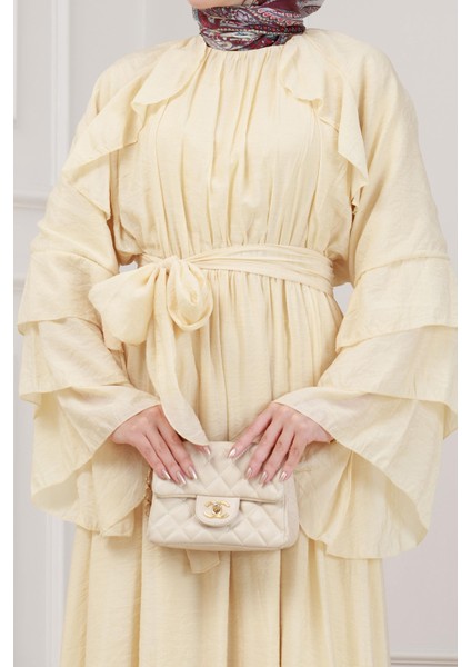 Fırfır Detaylı Lora Elbise-Krem indirimleri