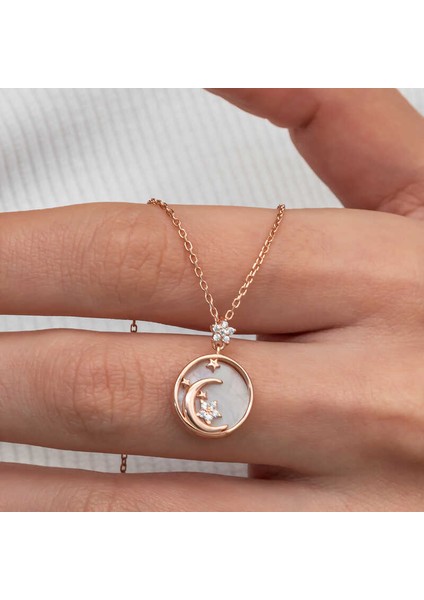 Gümüş Rose Sedef Taşlı Ay Yıldız Hilal Kadın Kolye (BC-FDA2A0)