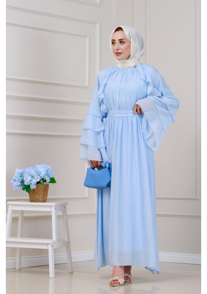 Fırfır Detaylı Lora Elbise-Mavi modelleri