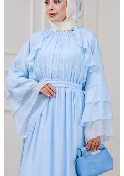 Fırfır Detaylı Lora Elbise-Mavi fırsatları