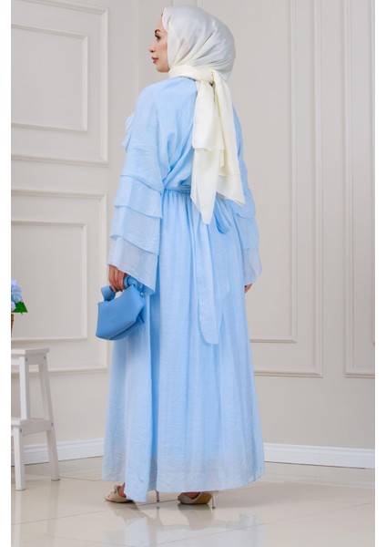 Fırfır Detaylı Lora Elbise-Mavi indirimleri