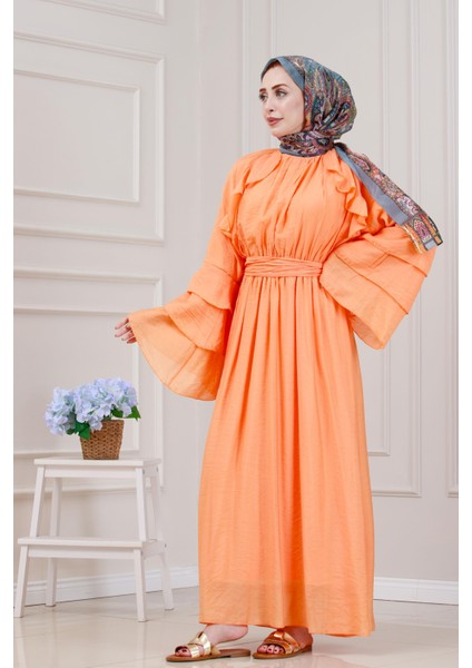 Fırfır Detaylı Lora Elbise-Turuncu