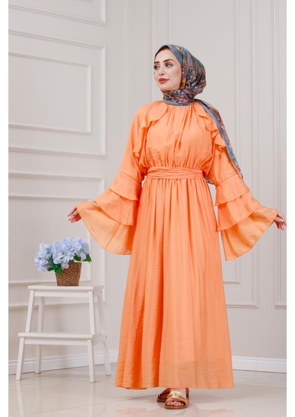 Fırfır Detaylı Lora Elbise-Turuncu modelleri