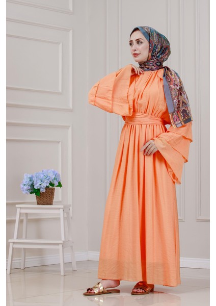 Fırfır Detaylı Lora Elbise-Turuncu fırsatları