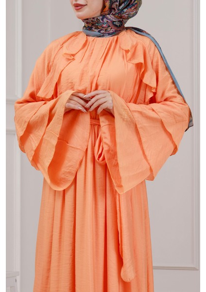 Fırfır Detaylı Lora Elbise-Turuncu indirimleri